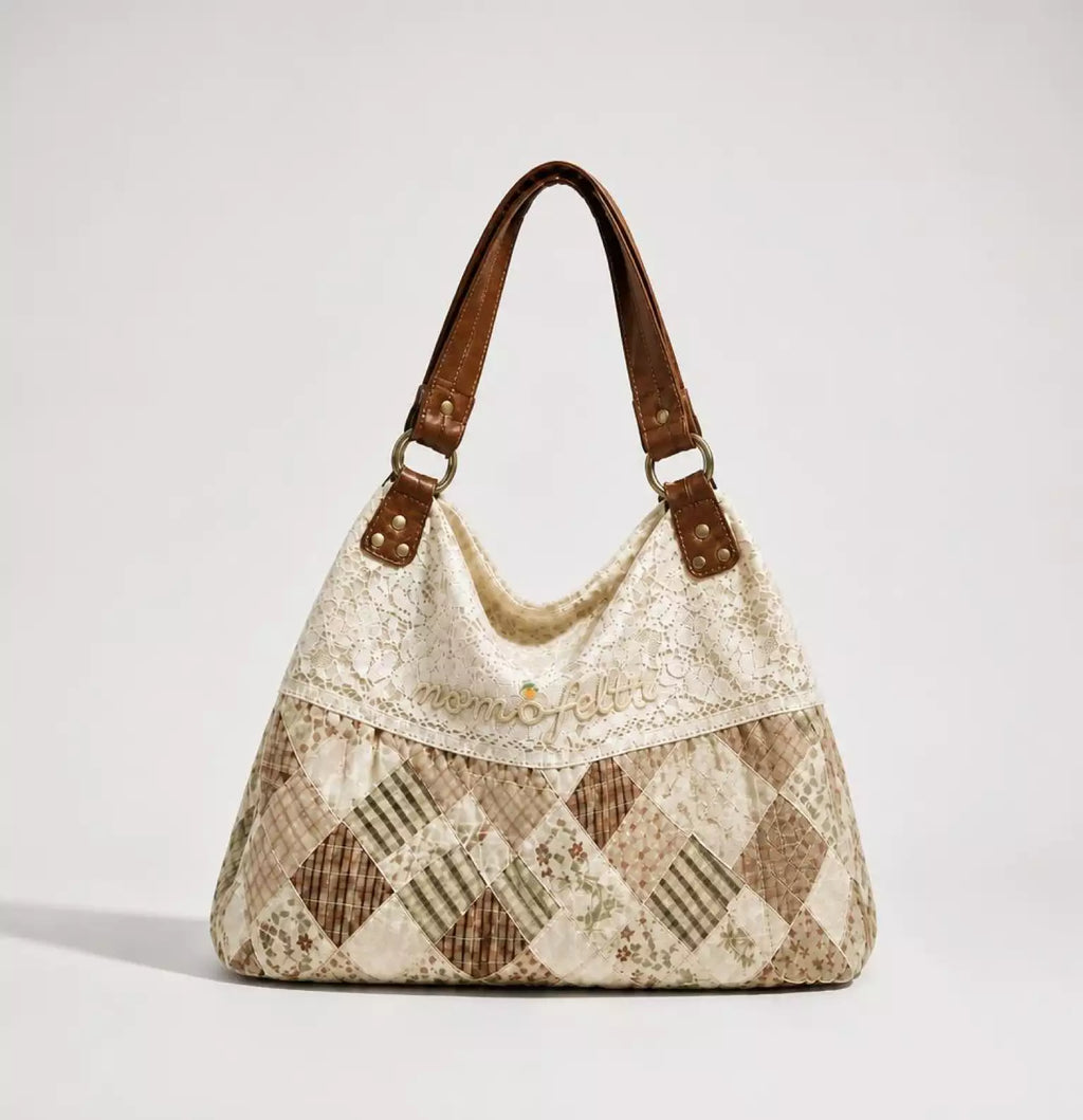 Vintage Lace Patchwork Shoulder Bag with Lemon Print