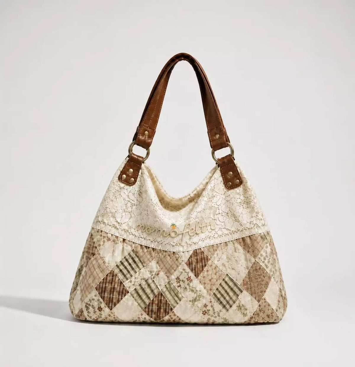 Vintage Lace Patchwork Shoulder Bag with Lemon Print