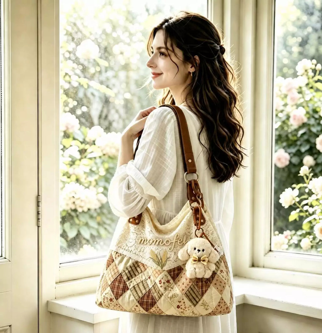 Vintage Lace Patchwork Shoulder Bag with Lemon Print