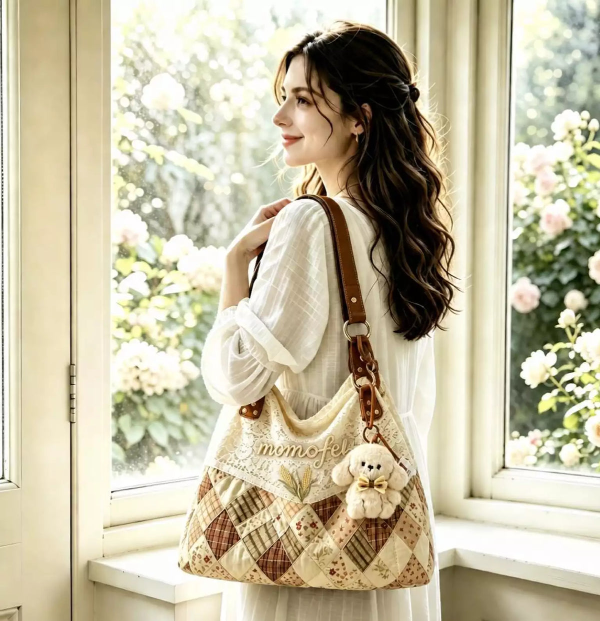 Vintage Lace Patchwork Shoulder Bag with Lemon Print