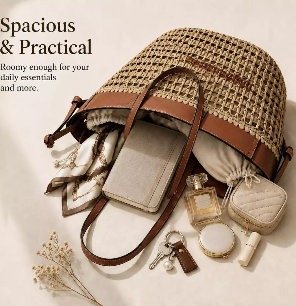 Woven Straw Leather Tote Bag