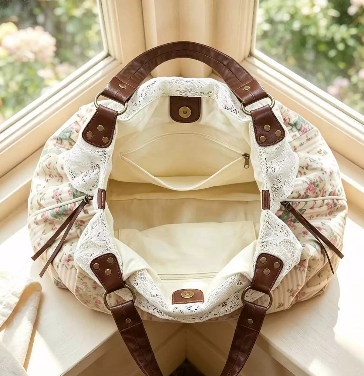 Vintage Lace Patchwork Shoulder Bag with Lemon Print